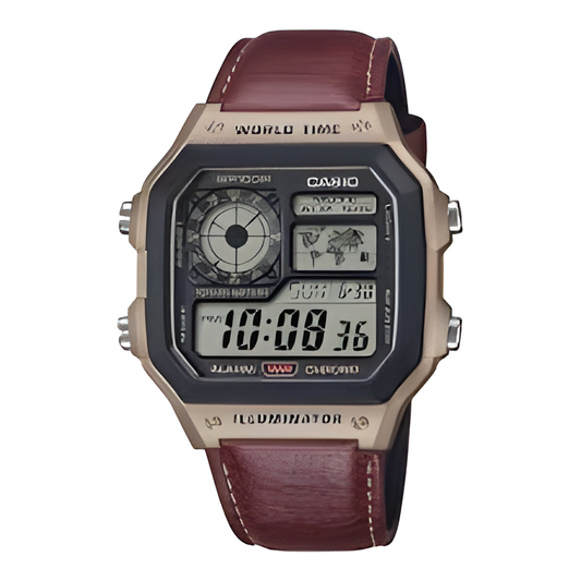 Casio Standard AE-1200WHL-5AV Watch – World Time, Digital Display & Leather Strap